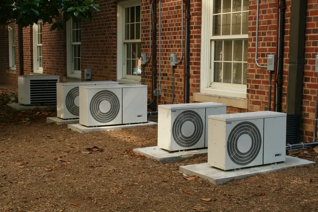 Air conditioning condenser units outside a brick building